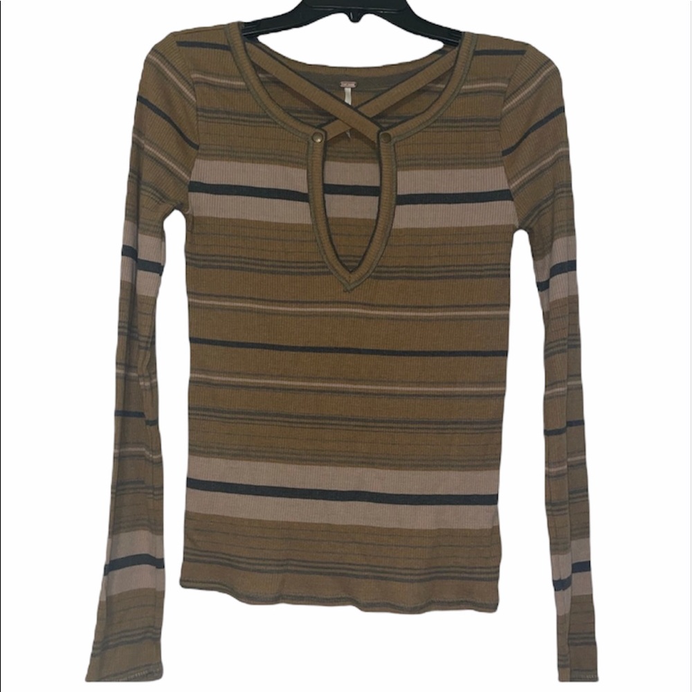 FREE PEOPLE cut out v neck Green and Tan Striped Thermal Sz Small waffle knit